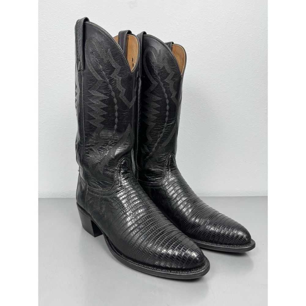 Vintage Lucchese Cowboy Boots Mens 8.5 D Black Teju Lizard 2000 USA - Never Worn